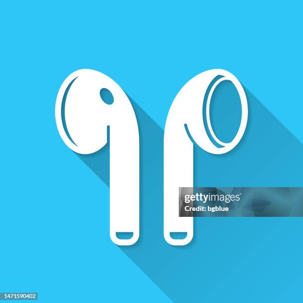 illustrations, cliparts, dessins animés et icônes de écouteurs sans fil. icône sur fond bleu - flat design with long shadow - in ear headphones