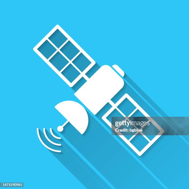 satellite. icon on blue background - flat design with long shadow - space lab stock illustrations