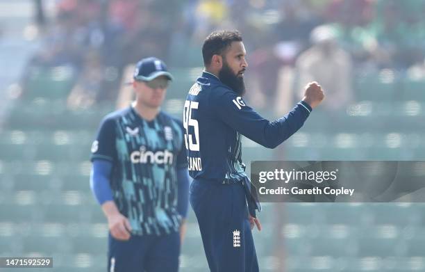 England bowler Adil Rashid celebrates after bowling Bangladesh batsman Mushfiqur Rahim during the 3rd ODI between Bangladesh and England at Zahur...