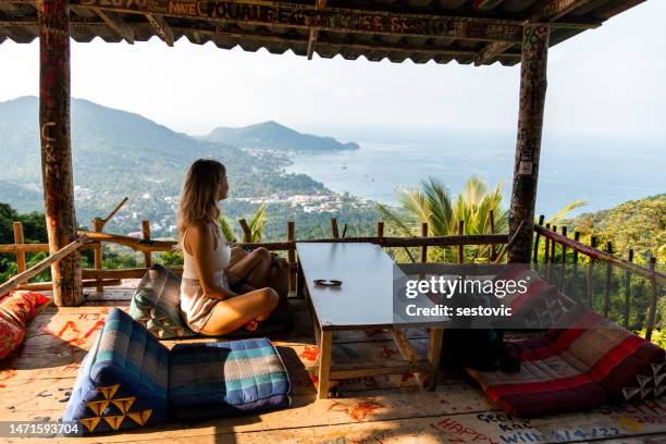 woman and aerial view of koh tao - white bay stock pictures, royalty-free photos & images