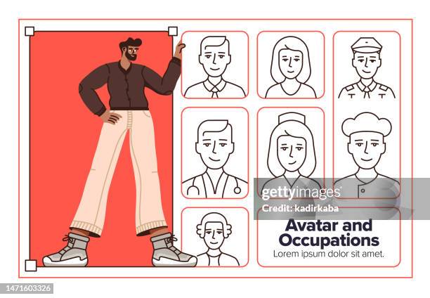 vector illustration of avatar and occupation line icon set, characters - adult imitation stock illustrations