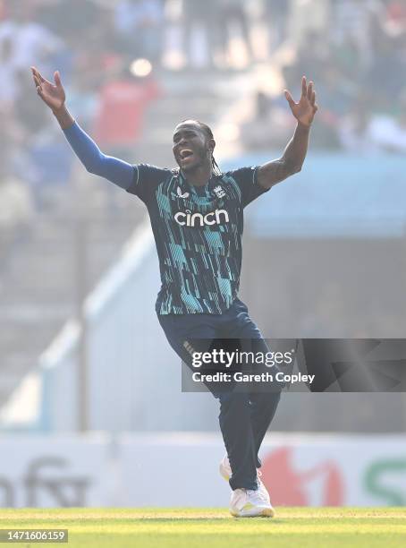 England bowler Jofra Archer appeals during the 3rd ODI between Bangladesh and England at Zahur Ahmed Chowdhury Stadium on March 06, 2023 in...