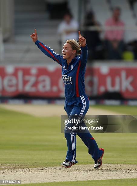 Danielle Wyatt of England celebrates taking a wicket during the NatWest International T20 match between England and India at the St. Lawrence Ground...