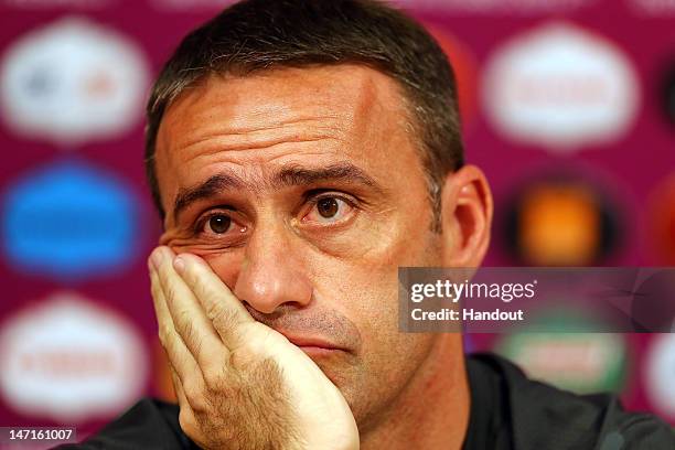 In this handout image provided by UEFA, Coach Paulo Bento of Portugal speaks to the media during a UEFA EURO 2012 press conference at Donbass Arena...