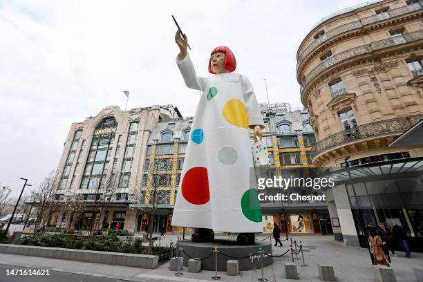 Huge sculpture in the likeness of Yayoi Kusama is erected between the headquarters of the Maison Louis Vuitton and the Samaritaine department store...