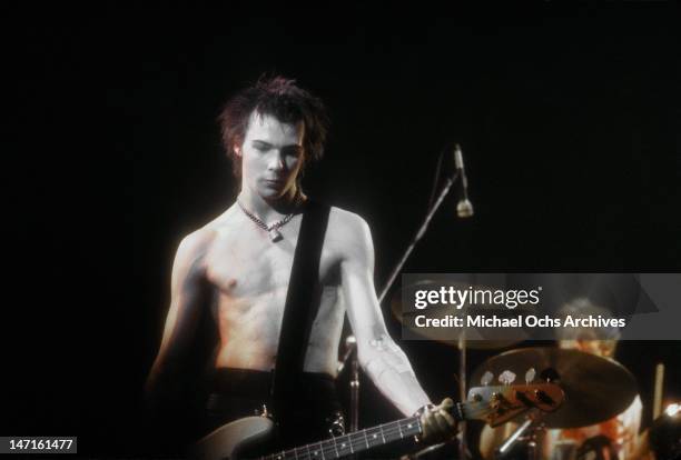 Bassist Sid Vicious of the punk band 'The Sex Pistols' perform their last concert in Winterland on January 14, 1978 in San Francisco, California.