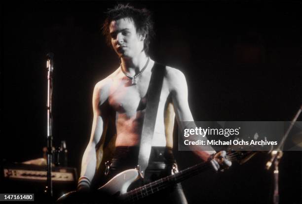 Bassist Sid Vicious of the punk band 'The Sex Pistols' perform their last concert in Winterland on January 14, 1978 in San Francisco, California.