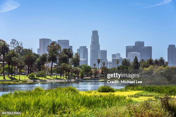 sunny view from echo park lake in los angeles - echo park los angeles stock pictures, royalty-free photos & images