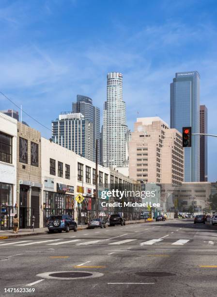street view of downtown los angeles skyline - la skyline stock pictures, royalty-free photos & images