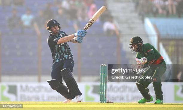 Bangladesh wicketkeeper Mushfique Rahim looks on as England batsman Phil Salt hits out during the 3rd ODI between Bangladesh and England at Zahur...