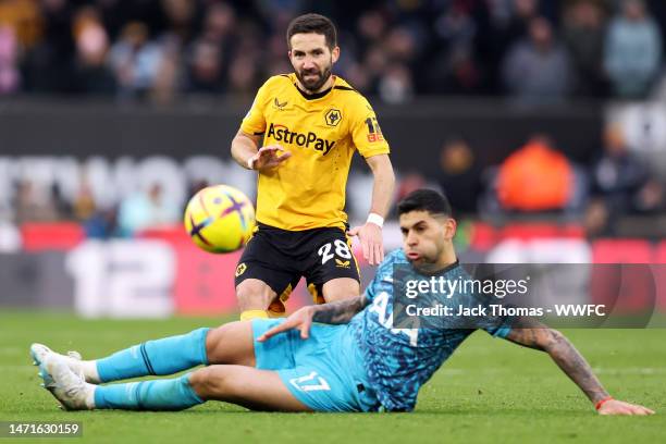 Joao Moutinho of Wolverhampton Wanderers clears the ball during the Premier League match between Wolverhampton Wanderers and Tottenham Hotspur at...