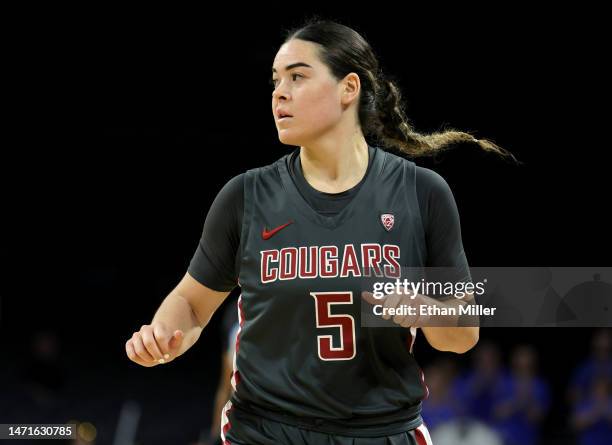 Charlisse Leger-Walker of the Washington State Cougars runs on the court in the second half of the championship game of the Pac-12 Conference women's...