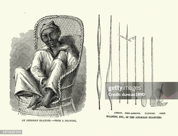 andaman islander, arrow, paddle, adze, expedition to the andaman islands, 1858, victorian exploration 19th century - andaman islands stock illustrations