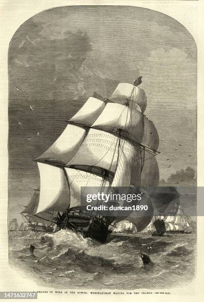 sailing ship, merchantmen making for the thames under full sail, 19th century maritime history, change of wind in the downs - sail ship stock illustrations