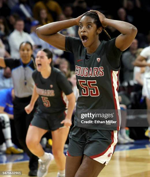 Bella Murekatete of the Washington State Cougars runs down the court after time expired in their 65-61 victory over the UCLA Bruins to win the...