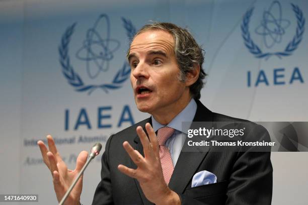 Director General Rafael Grossi speaks at a press conference during the IAEA Board of Governors meeting on March 06, 2023 in Vienna, Austria. The main...