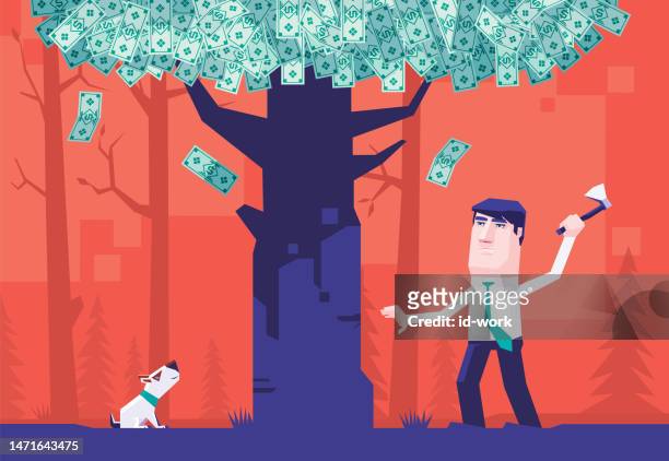 businessman holding axe and chopping money tree - dog looking down stock illustrations