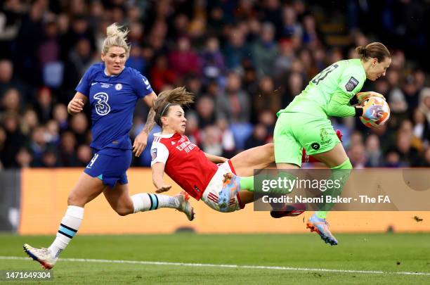 Millie Bright and Ann-Katrin Berger of Chelsea collide with Katie McCabe of Asenal during the FA Women's Continental Tyres League Cup Final match...