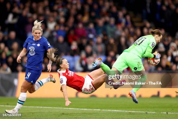 Millie Bright and Ann-Katrin Berger of Chelsea collide with Katie McCabe of Asenal during the FA Women's Continental Tyres League Cup Final match...