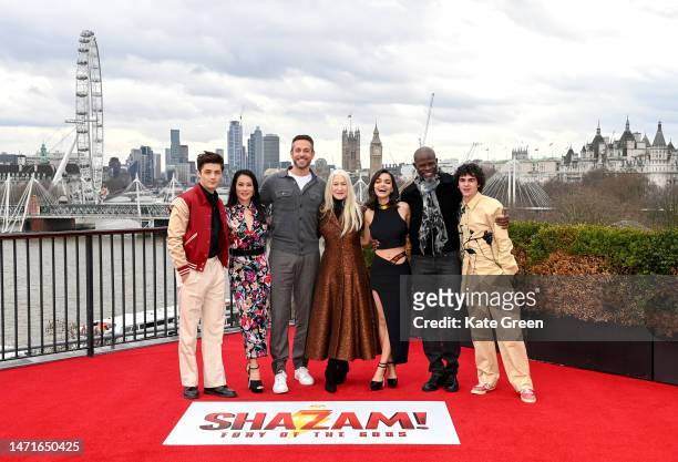 Asher Angel, Lucy Liu, Zachary Levi, Dame Helen Mirren, Rachel Zegler, Djimon Hounsou and Jack Dylan Grazer attend a photocall at IET London on March...