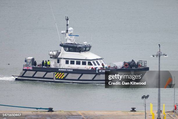 Ranger arrives in port after picking up migrants in the Channel on March 06, 2023 in Dover, England. On Tuesday, the British government is expected...