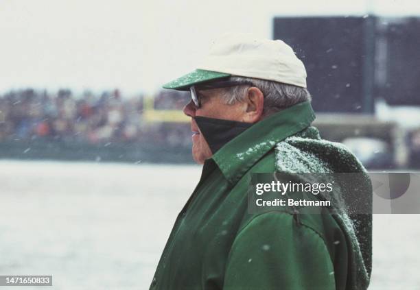 New York Jets coach Weeb Ewbank shown on the sidelines during a game at Shea Stadium in New York on December 16th, 1973. The Jets are playing against...