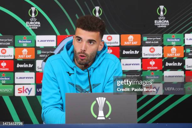Lazio goalkeeper Luis Maximiano attends the press conference ahead of their UEFA Europa Conference League round of 16 leg one match against AZ...