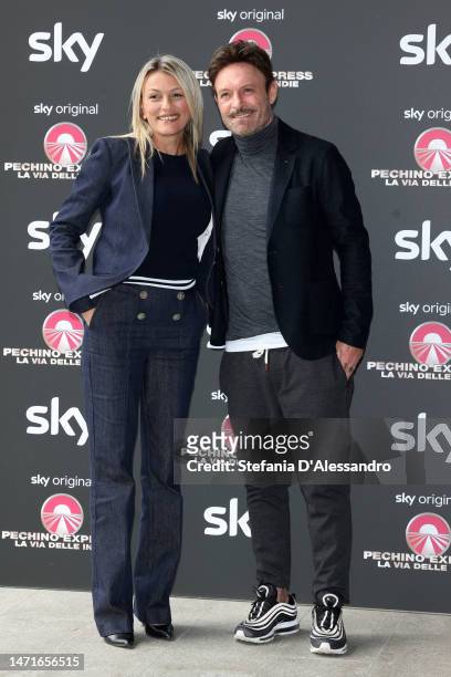 Totò Schillaci and Barbara Lombardi attend the photocall for "Pechino Express – La via delle Indie" on March 06, 2023 in Milan, Italy.