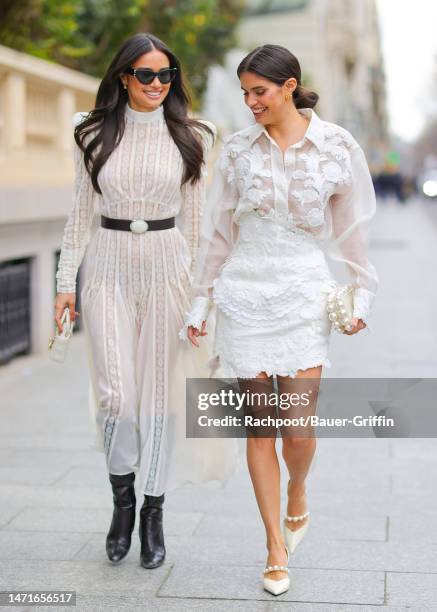 Kelsey Merritt and Sara Sampaio are seen heading to The 'Zimmermann' show during Paris Fashion Week on March 06, 2023 in Paris, France.