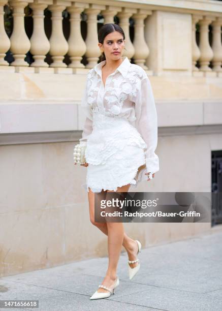 Sara Sampaio is seen heading to The 'Zimmermann' show during Paris Fashion Week on March 06, 2023 in Paris, France.
