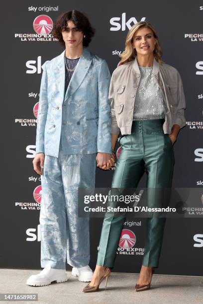 Achille Costacurta and Martina Colombari attend the photocall for "Pechino Express – La via delle Indie" on March 06, 2023 in Milan, Italy.