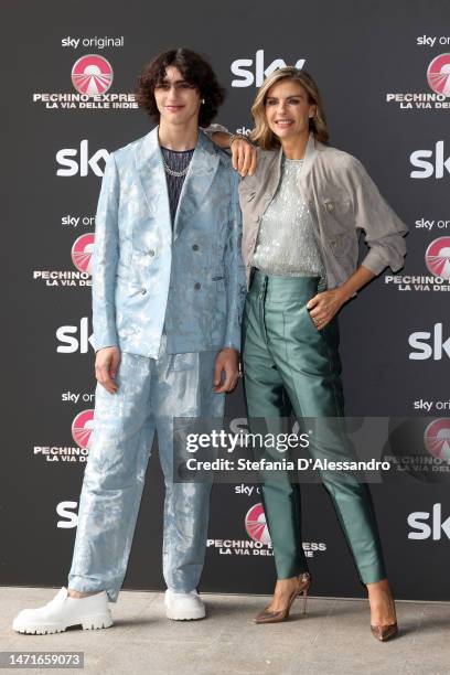 Achille Costacurta and Martina Colombari attend the photocall for "Pechino Express – La via delle Indie" on March 06, 2023 in Milan, Italy.