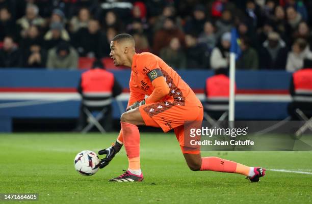 Nantes goalkeeper Alban Lafont during the Ligue 1 match between Paris Saint-Germain and FC Nantes at Parc des Princes stadium on March 4, 2023 in...