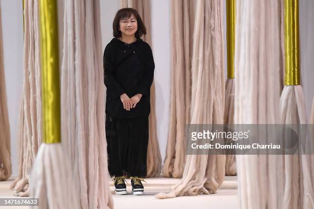 Wang Chen Tsai-Hsia walks the runway during the Shiatzy Chen Womenswear Fall Winter 2023-2024 show as part of Paris Fashion Week on March 06, 2023 in...