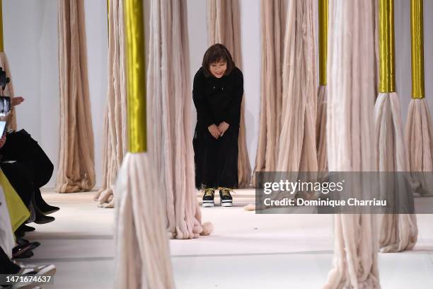 Wang Chen Tsai-Hsia walks the runway during the Shiatzy Chen Womenswear Fall Winter 2023-2024 show as part of Paris Fashion Week on March 06, 2023 in...