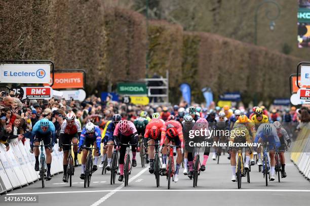 General view of Mads Pedersen of Denmark and Team Trek-Segafredo, Olav Kooij of The Netherlands and Team Jumbo-Visma, Magnus Cort Nielsen of Denmark...