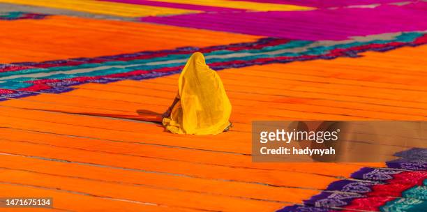 colors of india - woman checking dyed fabrics, rajasthan, india - asian tribal culture stock pictures, royalty-free photos & images