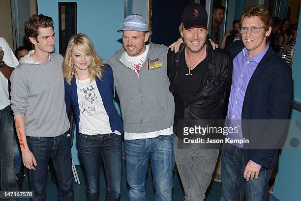 Andrew Garfield, Emma Stone, Marc Webb, Rhys Ifans and Denis Leary attend the "Be Amazing" Stand Up Volunteer Initiative at Madison Boys And Girls...