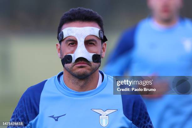 Pedro of SS Lazio looks on during the training session ahead of their UEFA Europa Conference League round of 16 leg one match against AZ Alkmaar at...