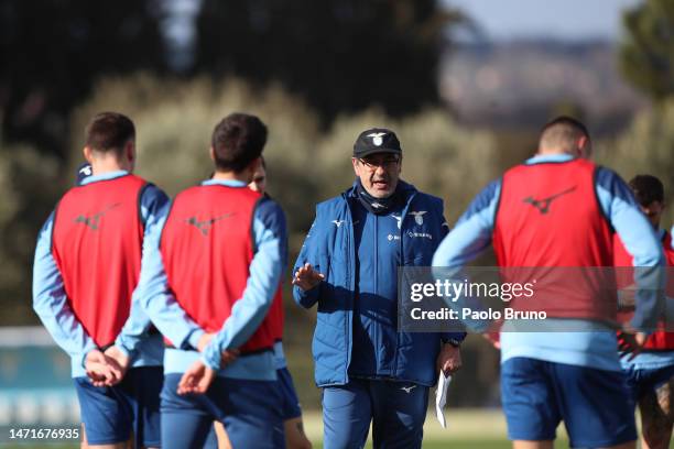 Lazio head coach Maurizio Sarri looks on during the training session ahead of their UEFA Europa Conference League round of 16 leg one match against...