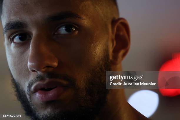 Tony Yoka of France looks on during a training session prior his International Heavyweight Contest fight against Carlos Takam of Cameroun on March...