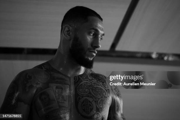 Tony Yoka of France looks on during a training session prior his International Heavyweight Contest fight against Carlos Takam of Cameroun on March...