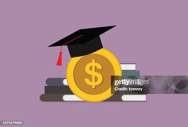 ilustraciones, imágenes clip art, dibujos animados e iconos de stock de pagar las cuotas de educación con dinero en dólares estadounidenses - pago de matrícula
