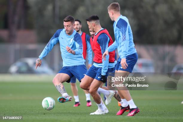 Sergej Milinkovic Savic of SS Lazio lin action of SS Lazio looks on during the training session ahead of their UEFA Europa Conference League round of...