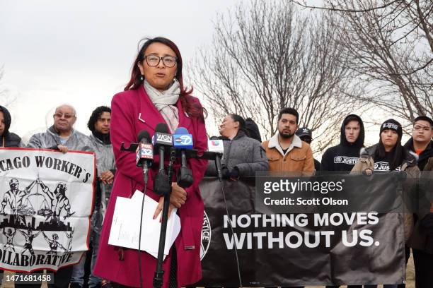 Illinois General Assembly Representative Dagmara Avelar joins a small group of activists as they gather near the Hearthside Foods packaging facility...