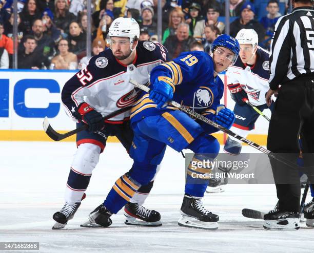 Peyton Krebs of the Buffalo Sabres skates during an NHL game against Emil Bemstrom of the Columbus Blue Jackets on February 28, 2023 at KeyBank...