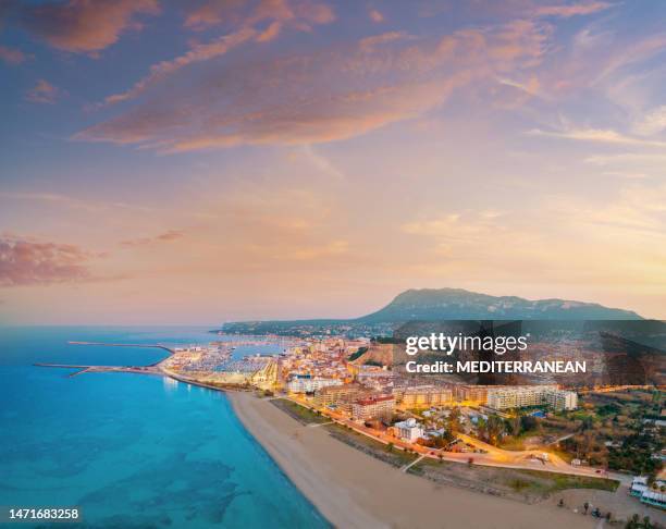 denia aerial skyline sunset in mediterranean alicante, spain drone costa blanca - mongo mountain stock pictures, royalty-free photos & images