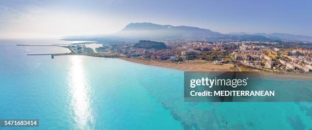 denia aerial skyline in mediterranean alicante of spain drone costa blanca - mongo mountain stock pictures, royalty-free photos & images