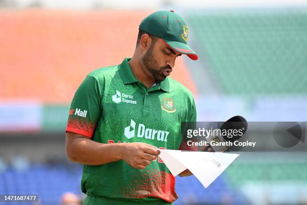 Bangladesh captain Tamim Iqbal looks at the teamsheet ahead of the 3rd One Day International between Bangladesh and England at Zahur Ahmed Chowdhury...