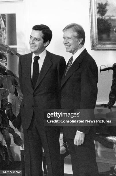 Portrait of Spanish Prime Minister Adolfo Suarez Gonzalez and US President Jimmy Carter in the White House's Oval Office, Washington DC, January 14,...